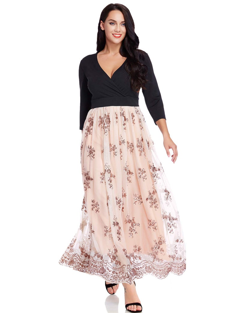GRAPENT Women's Plus Size Sequin 3/4 Sleeves Evening Gown Party Long Maxi Dress Beige Pink Size 18W - Image 1